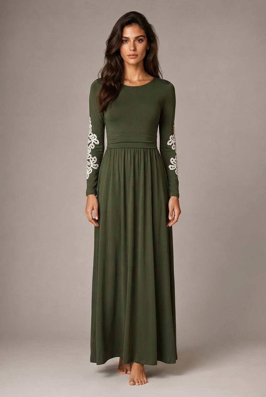 Round Neck Long Sleeve Lace Waist Maxi Dress — Army Green — AI-generated studio front view