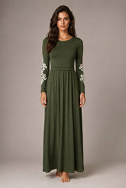 Round Neck Long Sleeve Lace Waist Maxi Dress — Army Green — AI-generated studio front view
