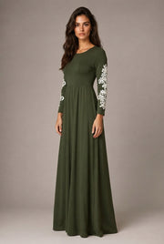 Round Neck Long Sleeve Lace Waist Maxi Dress — Army Green — AI-generated studio three-quarter view