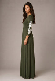 Round Neck Long Sleeve Lace Waist Maxi Dress — Army Green — AI-generated studio right-side profile