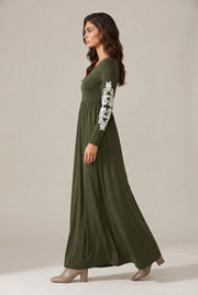 Round Neck Long Sleeve Lace Waist Maxi Dress — Army Green — AI-generated studio left-side walking view
