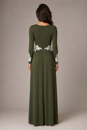 Round Neck Long Sleeve Lace Waist Maxi Dress — Army Green — AI-generated studio back view