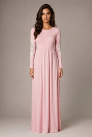 Round Neck Long Sleeve Lace Waist Maxi Dress — Pink — AI-generated studio front view
