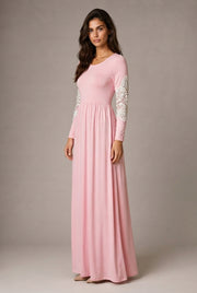 Round Neck Long Sleeve Lace Waist Maxi Dress — Pink — AI-generated studio three-quarter view
