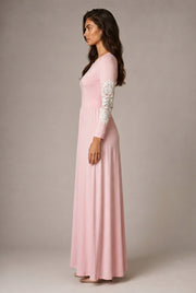 Round Neck Long Sleeve Lace Waist Maxi Dress — Pink — AI-generated studio right-side profile