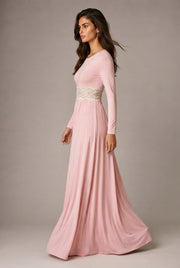 Round Neck Long Sleeve Lace Waist Maxi Dress — Pink — AI-generated studio left-side walking view