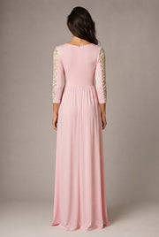 Round Neck Long Sleeve Lace Waist Maxi Dress — Pink — AI-generated studio back view