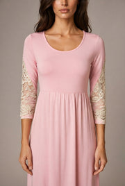 Round Neck Long Sleeve Lace Waist Maxi Dress — Pink — AI-generated studio bodice detail