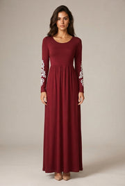 Round Neck Long Sleeve Lace Waist Maxi Dress — Wine red — AI-generated studio front view