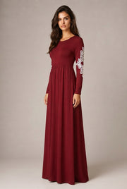 Round Neck Long Sleeve Lace Waist Maxi Dress — Wine red — AI-generated studio three-quarter view