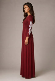 Round Neck Long Sleeve Lace Waist Maxi Dress — Wine red — AI-generated studio right-side profile