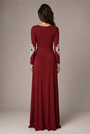 Round Neck Long Sleeve Lace Waist Maxi Dress — Wine red — AI-generated studio back view