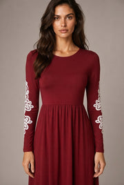 Round Neck Long Sleeve Lace Waist Maxi Dress — Wine red — AI-generated studio bodice detail