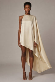 Satin Asymmetrical Cape Dress — Cream — AI-generated studio front view