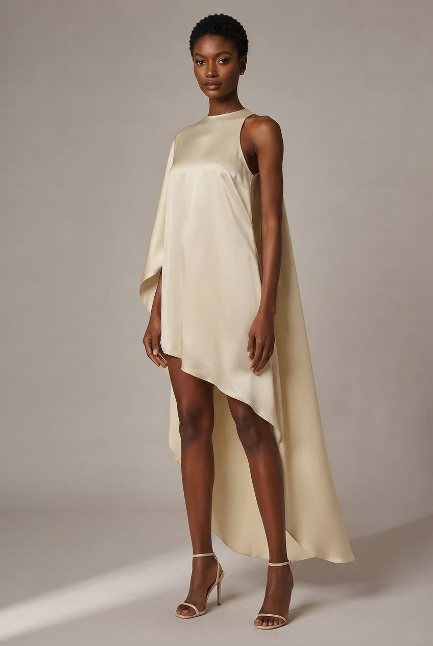 Satin Asymmetrical Cape Dress — Cream — AI-generated studio three-quarter view