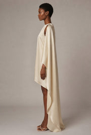 Satin Asymmetrical Cape Dress — Cream — AI-generated studio right-side profile