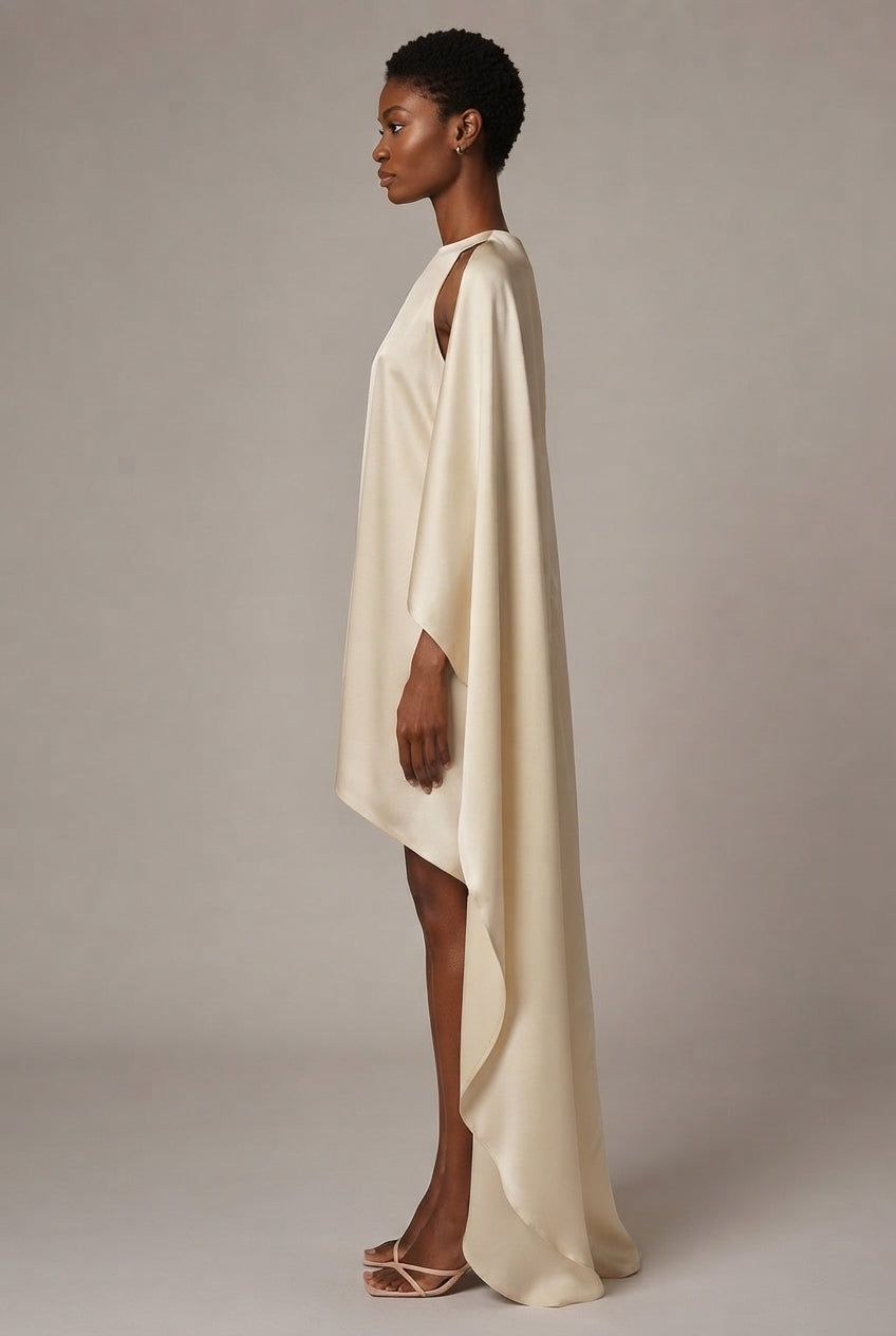 Satin Asymmetrical Cape Dress — Cream — AI-generated studio right-side profile