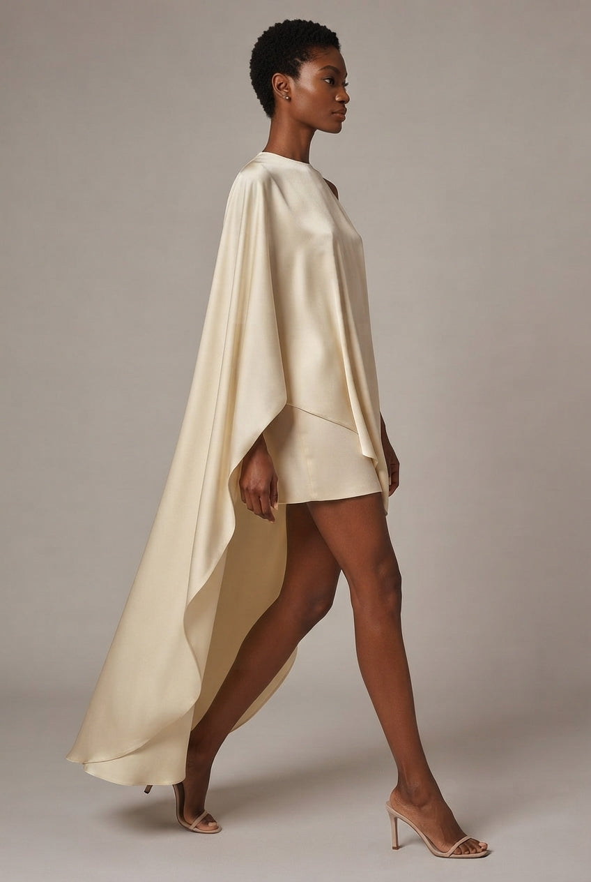 Satin Asymmetrical Cape Dress — Cream — AI-generated studio left-side walking view