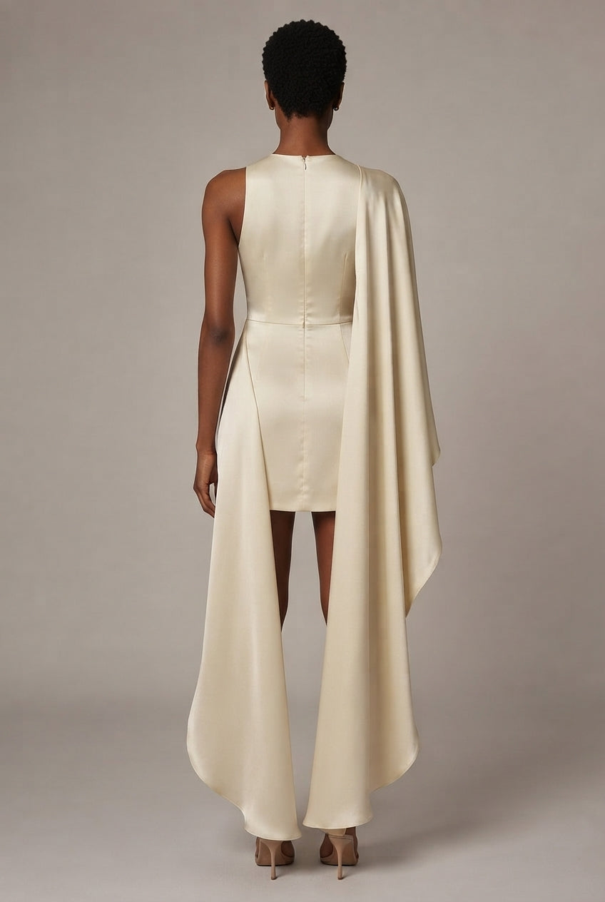 Satin Asymmetrical Cape Dress — Cream — AI-generated studio back view