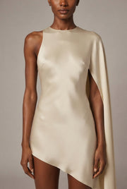 Satin Asymmetrical Cape Dress — Cream — AI-generated studio bodice detail