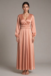 Satin V-neck Waist-cinched Maxi Dress With Puff Sleeves — AI-generated studio front view