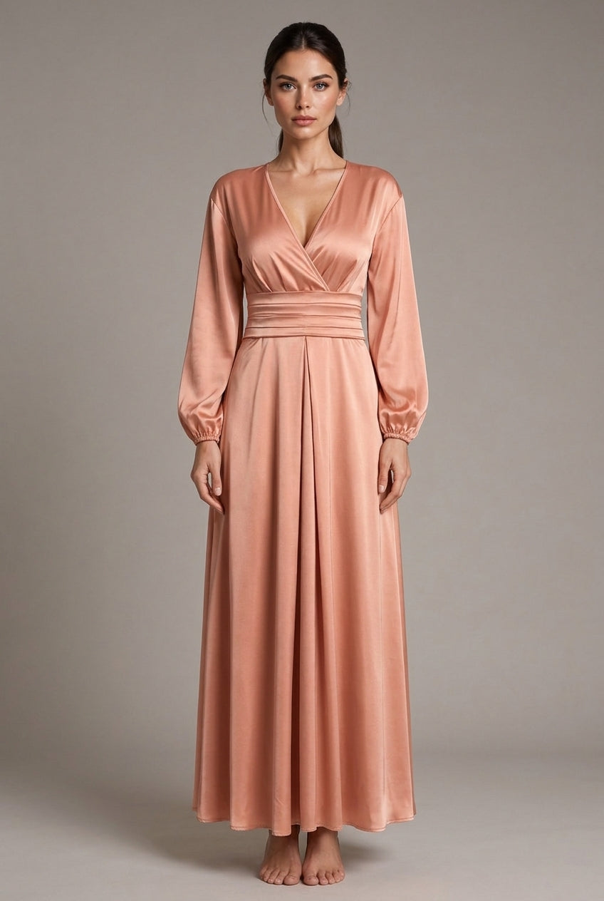 Satin V-neck Waist-cinched Maxi Dress With Puff Sleeves — AI-generated studio front view