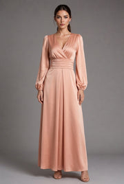 Satin V-neck Waist-cinched Maxi Dress With Puff Sleeves — AI-generated studio three-quarter view