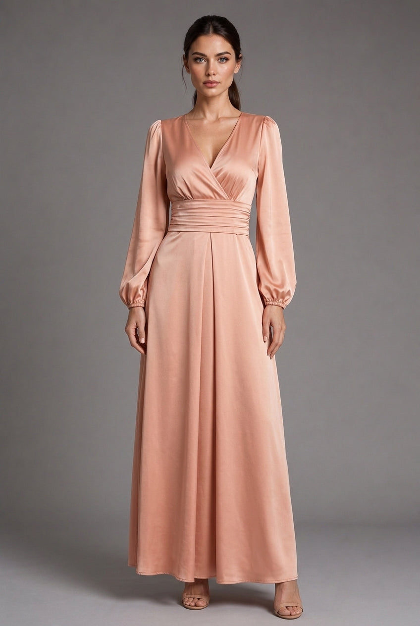 Satin V-neck Waist-cinched Maxi Dress With Puff Sleeves — AI-generated studio three-quarter view