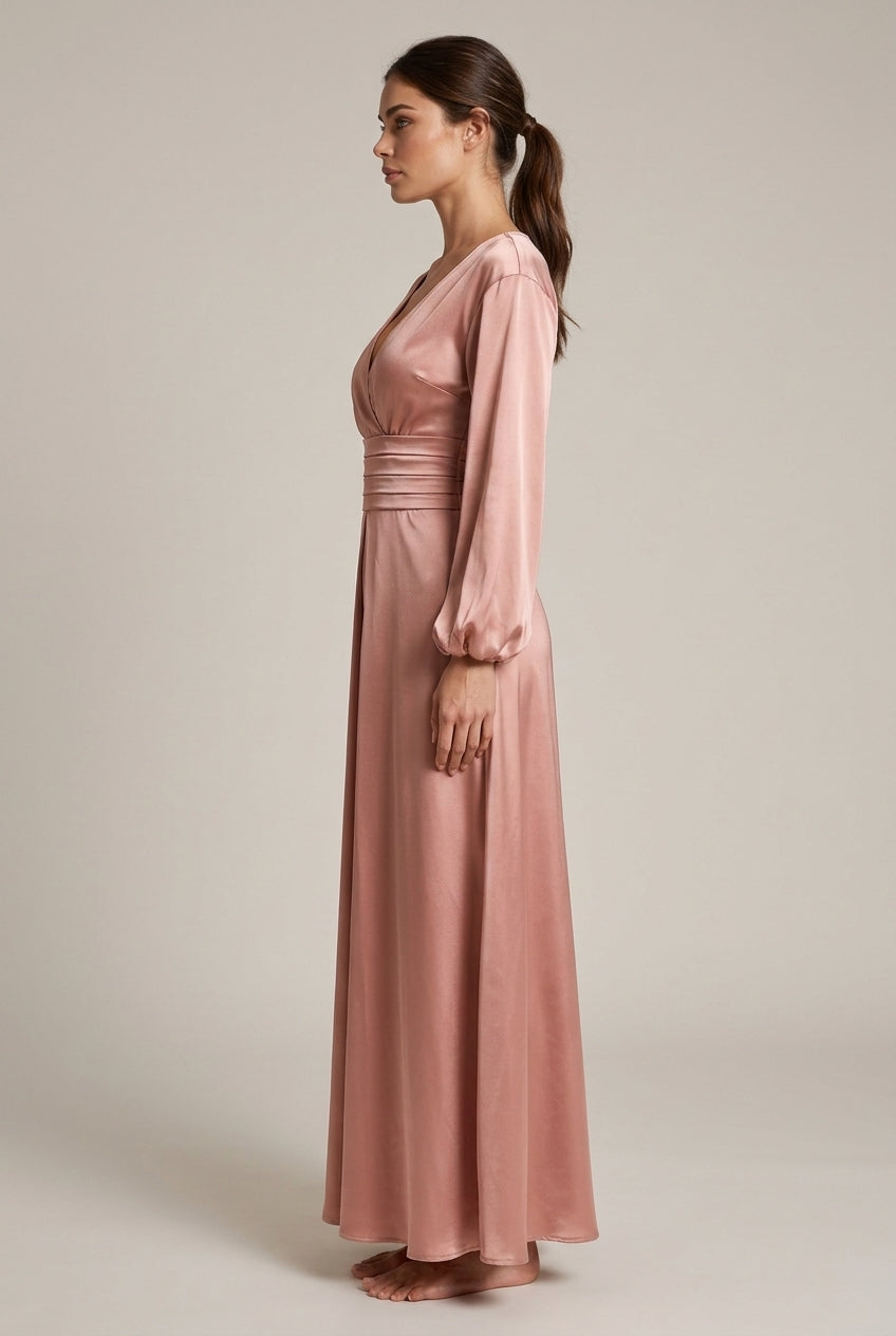 Satin V-neck Waist-cinched Maxi Dress With Puff Sleeves — AI-generated studio right-side profile
