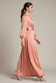 Satin V-neck Waist-cinched Maxi Dress With Puff Sleeves — AI-generated studio left-side walking view