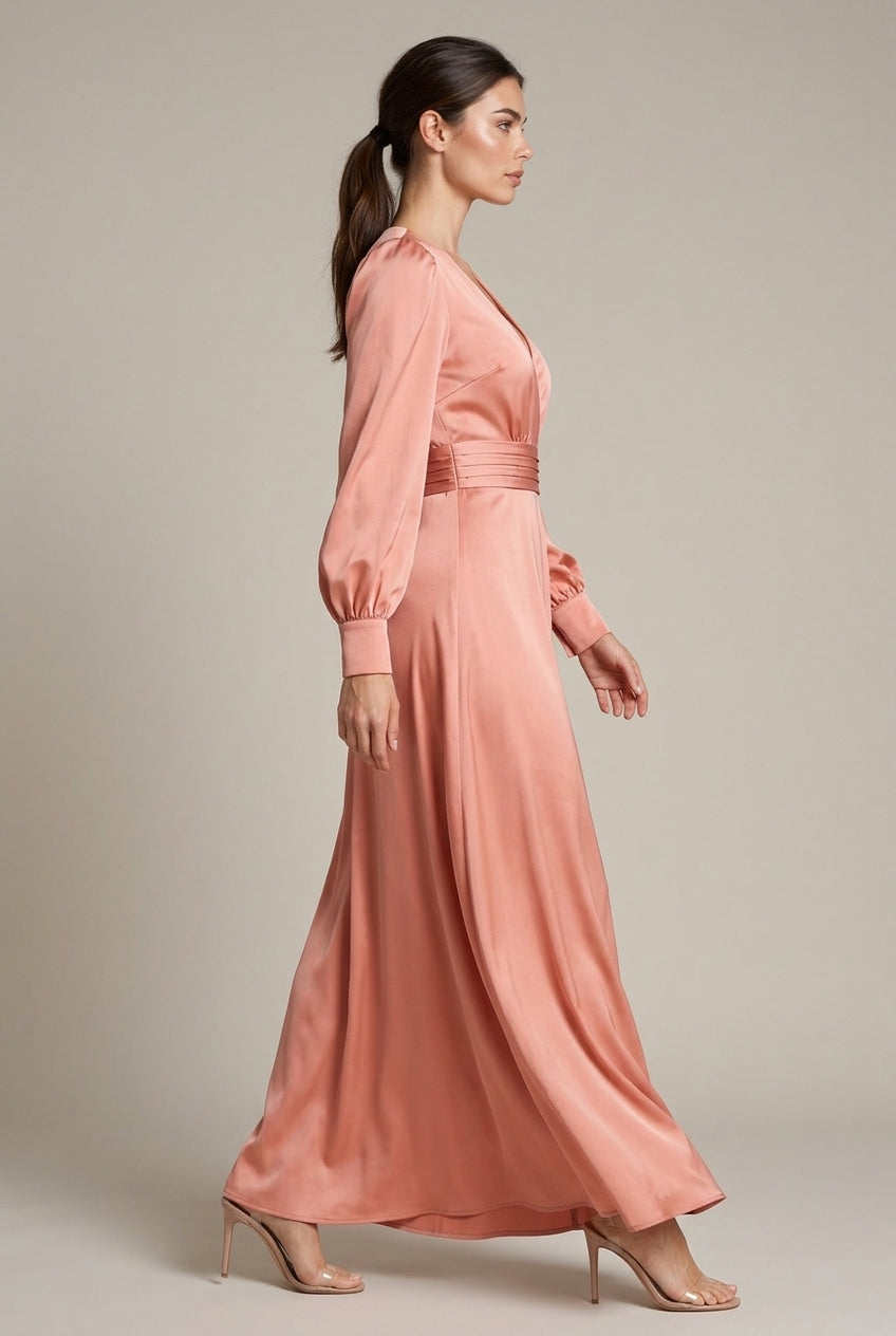 Satin V-neck Waist-cinched Maxi Dress With Puff Sleeves — AI-generated studio left-side walking view