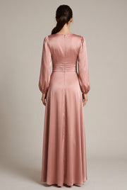 Satin V-neck Waist-cinched Maxi Dress With Puff Sleeves — AI-generated studio back view