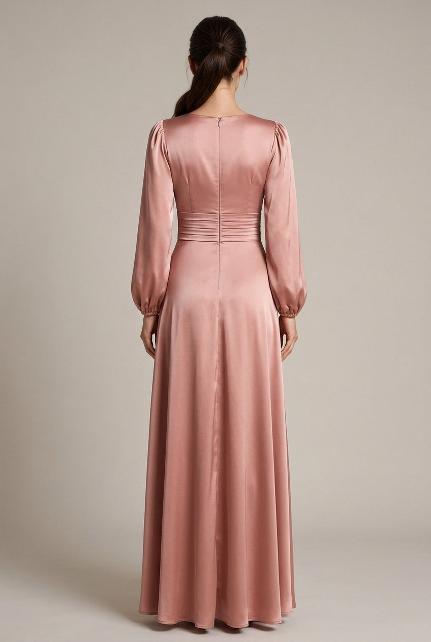 Satin V-neck Waist-cinched Maxi Dress With Puff Sleeves — AI-generated studio back view