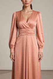Satin V-neck Waist-cinched Maxi Dress With Puff Sleeves — AI-generated studio bodice detail