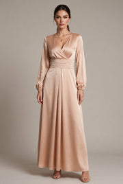 Margaux Satin Maxi Dress — Apricot — AI-generated studio three-quarter view