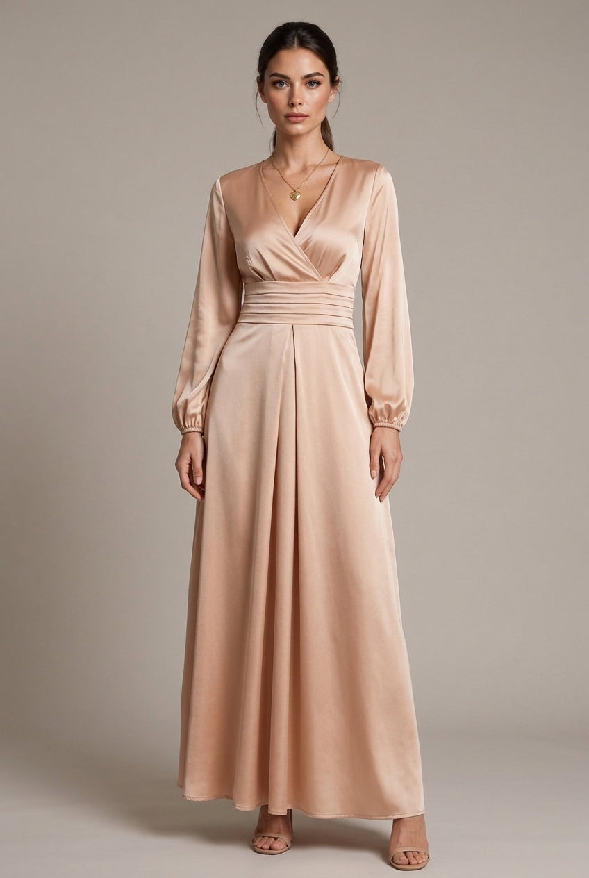 Margaux Satin Maxi Dress — Apricot — AI-generated studio three-quarter view