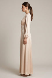 Margaux Satin Maxi Dress — Apricot — AI-generated studio right-side profile