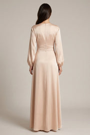 Margaux Satin Maxi Dress — Apricot — AI-generated studio back view