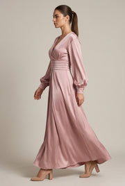 Margaux Satin Maxi Dress — Pink — AI-generated studio left-side walking view