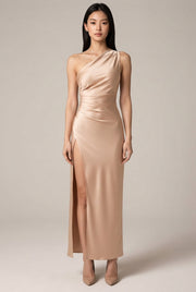 Sexy One-shoulder Backless Slit Dress Summer Elegant Slim-fit Solid Color Satin Dresses For Women — Apricot — AI-generated studio front view