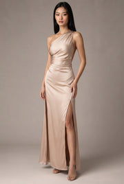Sexy One-shoulder Backless Slit Dress Summer Elegant Slim-fit Solid Color Satin Dresses For Women — Apricot — AI-generated studio three-quarter view