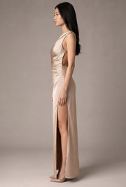 Sexy One-shoulder Backless Slit Dress Summer Elegant Slim-fit Solid Color Satin Dresses For Women — Apricot — AI-generated studio right-side profile