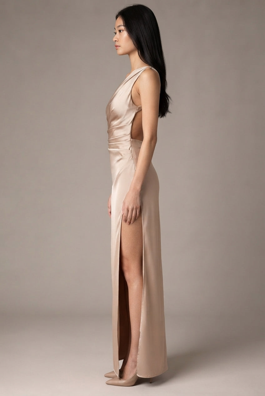 Sexy One-shoulder Backless Slit Dress Summer Elegant Slim-fit Solid Color Satin Dresses For Women — Apricot — AI-generated studio right-side profile