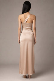 Sexy One-shoulder Backless Slit Dress Summer Elegant Slim-fit Solid Color Satin Dresses For Women — Apricot — AI-generated studio back view