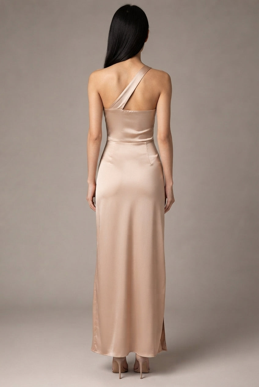 Sexy One-shoulder Backless Slit Dress Summer Elegant Slim-fit Solid Color Satin Dresses For Women — Apricot — AI-generated studio back view