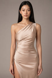 Sexy One-shoulder Backless Slit Dress Summer Elegant Slim-fit Solid Color Satin Dresses For Women — Apricot — AI-generated studio bodice detail