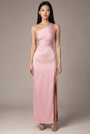 Sexy One-shoulder Backless Slit Dress Summer Elegant Slim-fit Solid Color Satin Dresses For Women — Pink — AI-generated studio front view