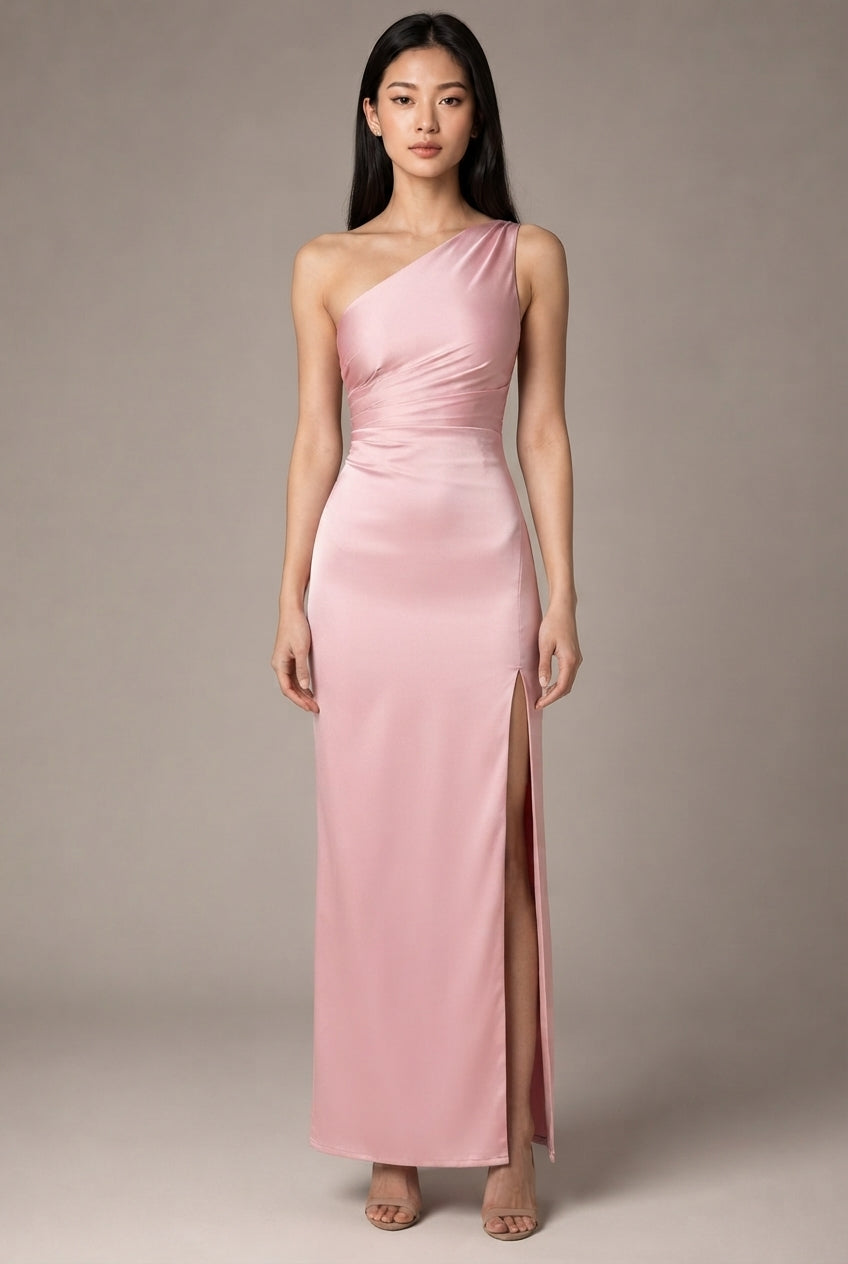 Sexy One-shoulder Backless Slit Dress Summer Elegant Slim-fit Solid Color Satin Dresses For Women — Pink — AI-generated studio front view