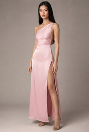 Sexy One-shoulder Backless Slit Dress Summer Elegant Slim-fit Solid Color Satin Dresses For Women — Pink — AI-generated studio three-quarter view