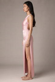 Sexy One-shoulder Backless Slit Dress Summer Elegant Slim-fit Solid Color Satin Dresses For Women — Pink — AI-generated studio right-side profile